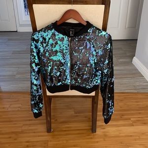 Sequin crop top jacket size small - black w teal, blue & purple sequins